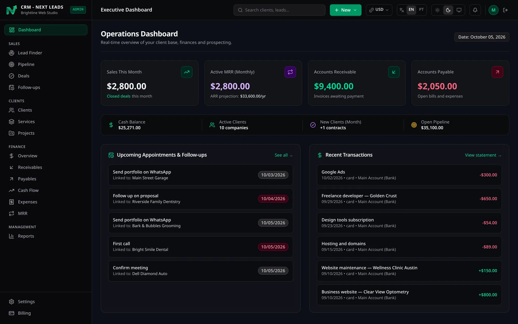Next Leads dashboard with sales this month, recurring revenue, receivables, payables, upcoming follow-ups and recent transactions