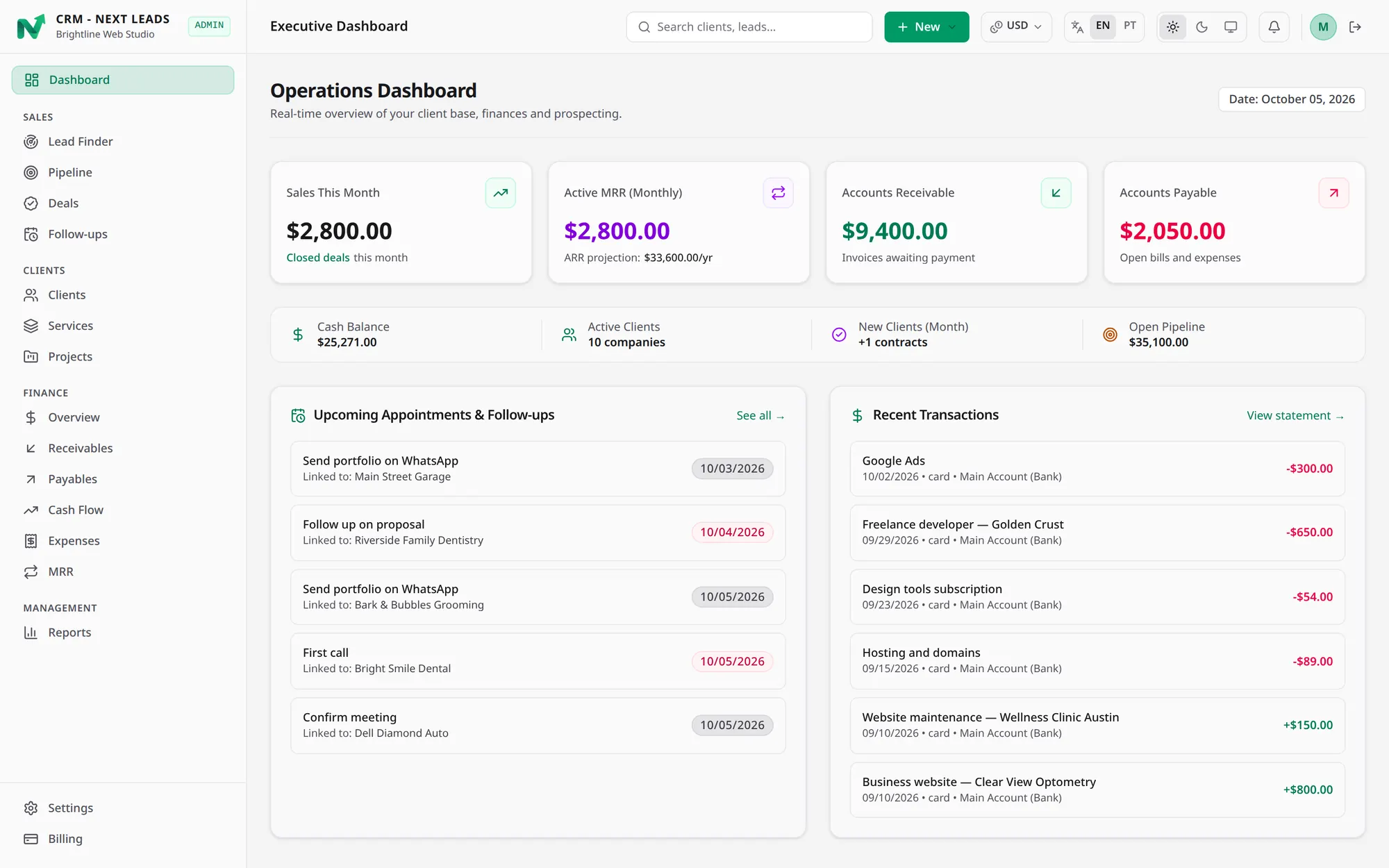 Next Leads dashboard with sales this month, recurring revenue, receivables, payables, upcoming follow-ups and recent transactions